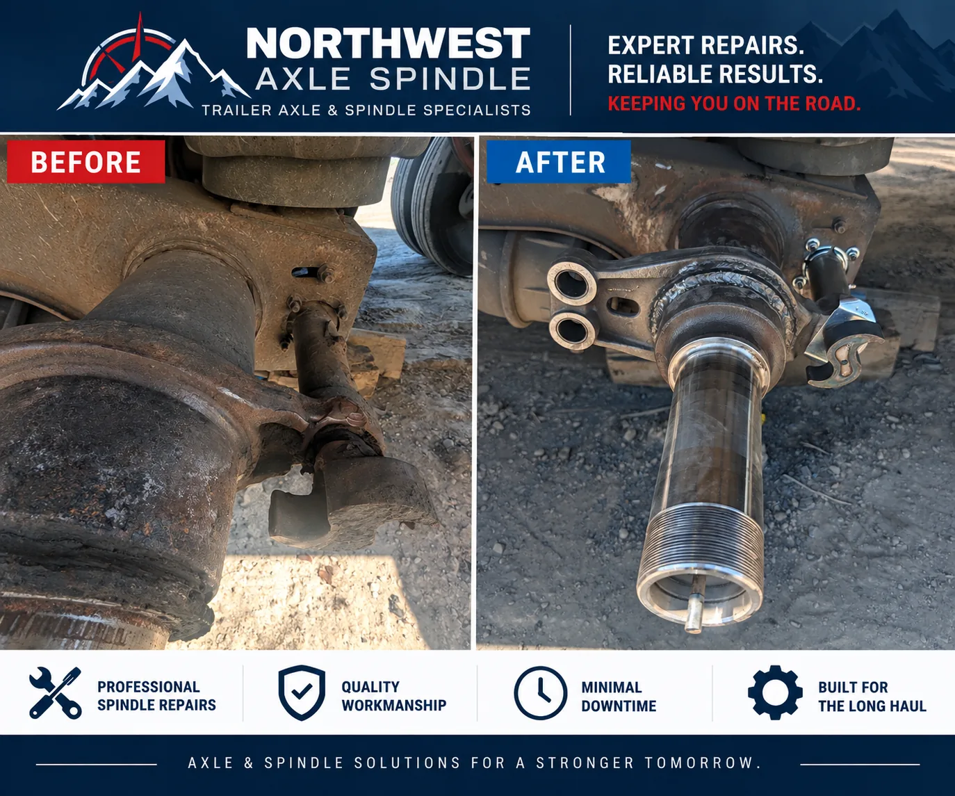 Before and after example of a commercial trailer spindle replacement.