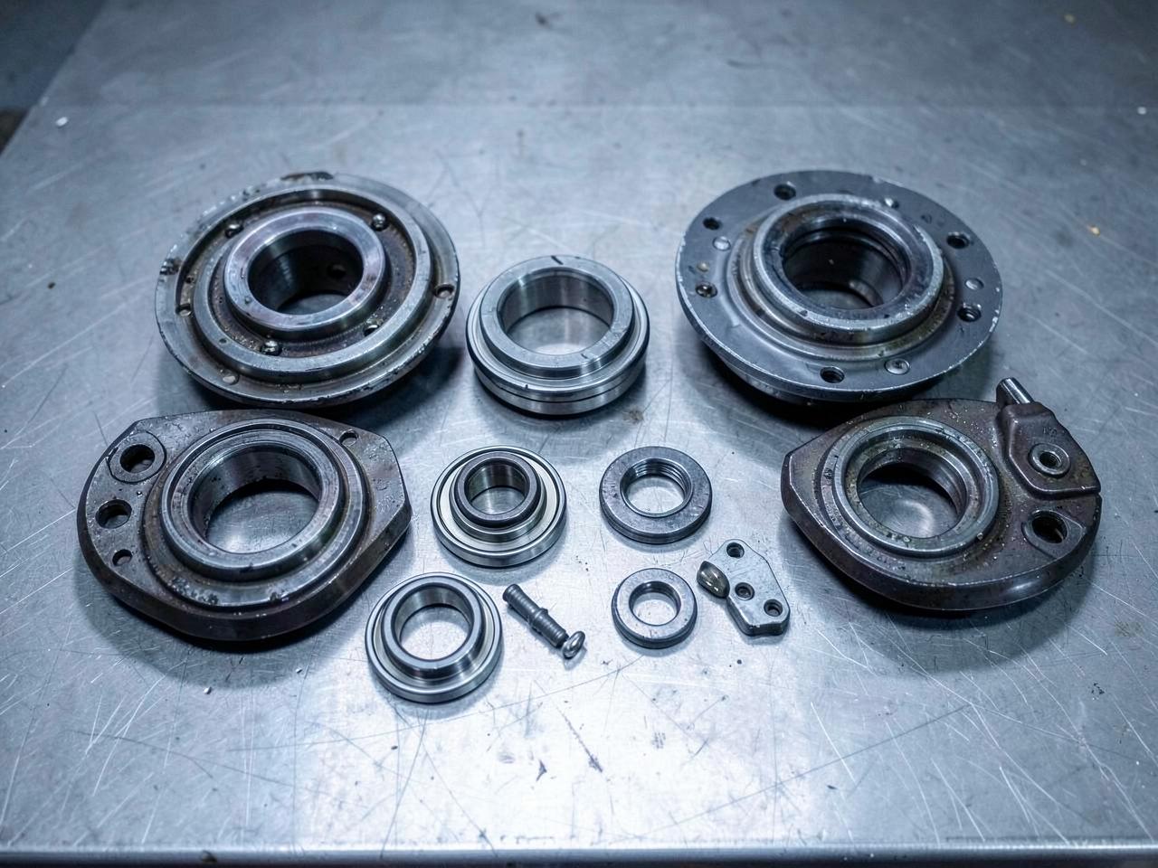 Replacement axle spindles, hubs, bearings and seals laid out on a workbench