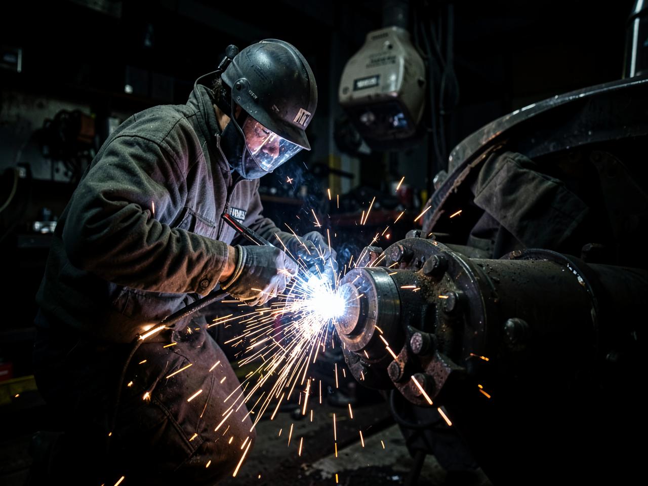 Technician welding a replacement spindle onto a heavy truck axle